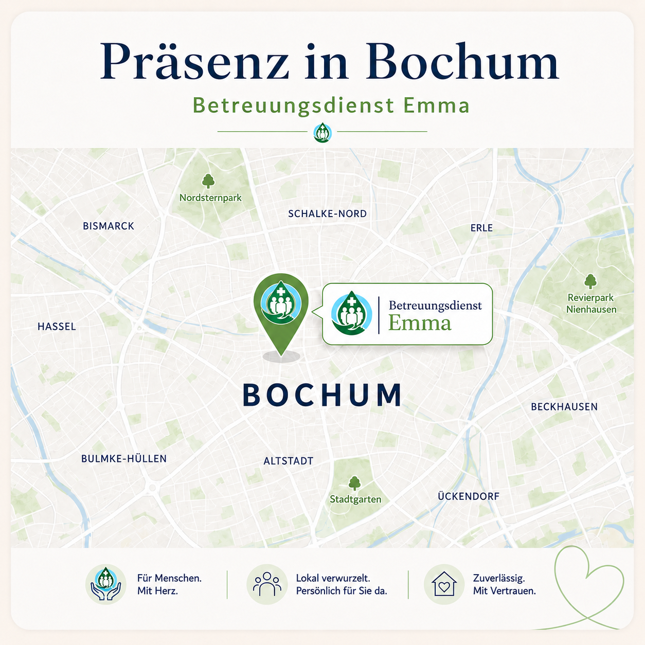 Übersichtskarte zur Präsenz vom Betreuungsdienst Emma in Bochum mit Standortmarkierung und Unternehmenslogo