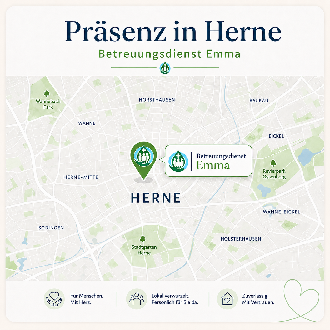 Übersichtskarte der Stadt Herne mit Standortmarkierung und Logo des Betreuungsdienstes Emma